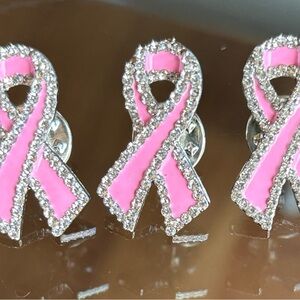 BUNDLE OF THREE Breast Cancer Awareness Pink Ribbon Rhinestone Pins BRAND NEW